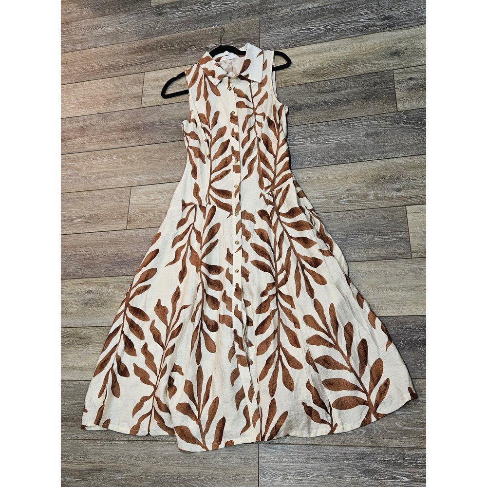 Kariella Women Small Brown Cream Leaf Print Sleeveless Button Front Midi Dress
